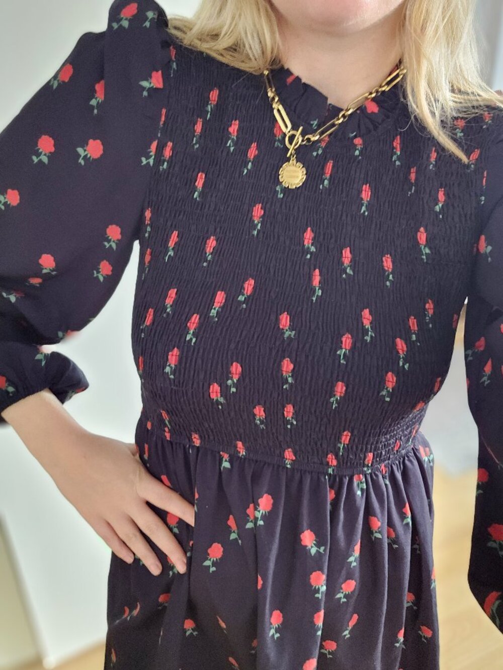 Never Fully Dressed smocked red black floral mini dress puff long sleeves
